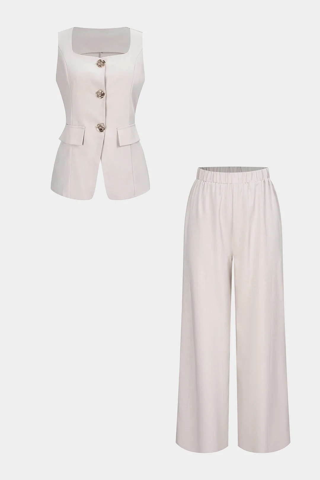 Square Neck Metallic Button Tank Top And Wide Leg Pants Set sold by Micas