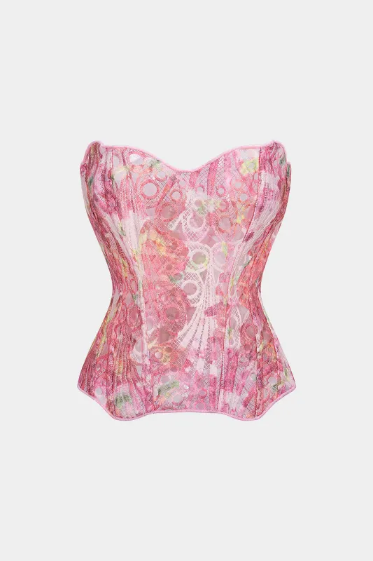 Floral Print Jacquard Patchwork Textured Tie Back Tube Top made by Micas