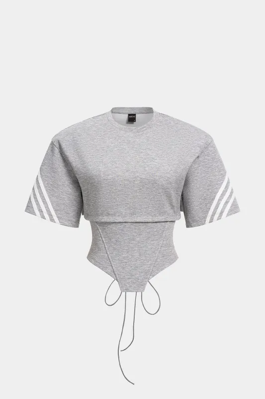 Striped Round Neck Tie Back Cut Out Short Sleeve T-shirt sold by Micas