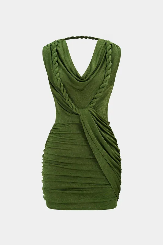 Draped Cowl Neck Twist Knot Asymmetrical Sleeveless Mini Dress made by Micas