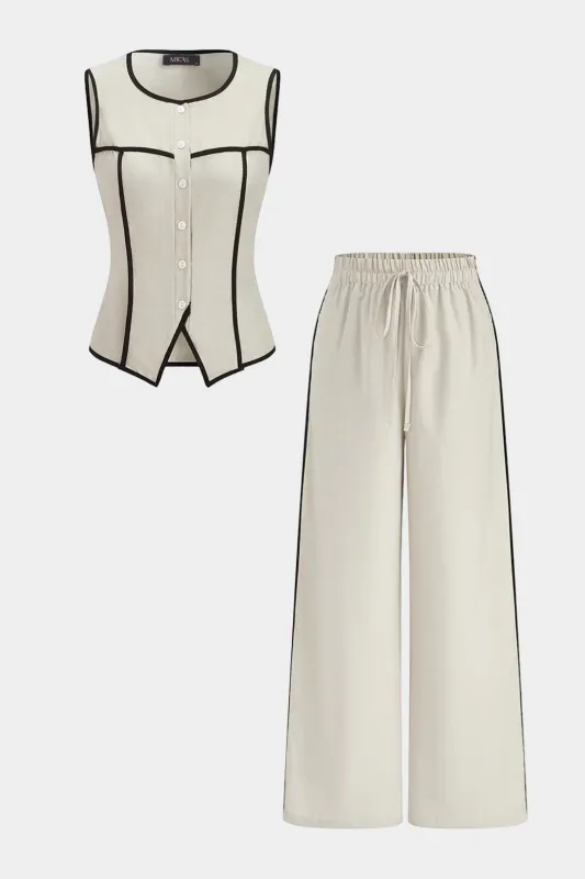 Contrast Binding Linen Button Tank Top And Drawstring Wide Leg Pants Set sold by Micas