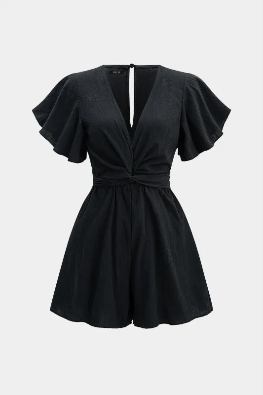 V-Neck Ruched Tie-Up Short Sleeve Romper made by Micas