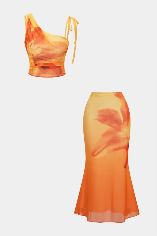 Floral Print Mesh Tie-Up Asymmetrical Cami Top And Ruched Skirt Set made by Micas