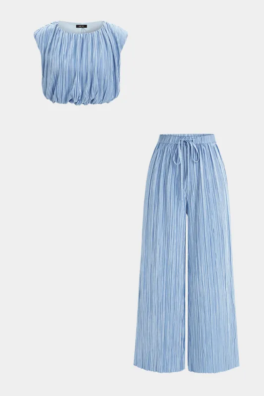 Ruched Sleeveless Cropped Top And Drawstring Tie-Up Wide Leg Pants Set sold by Micas