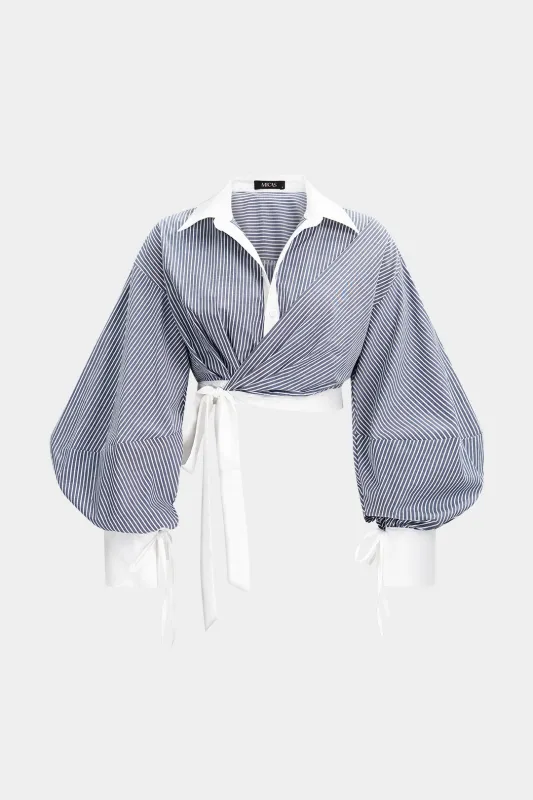 Contrast Stripes Print Knotted Crossed Puff Long-Sleeve Shirt made by Micas