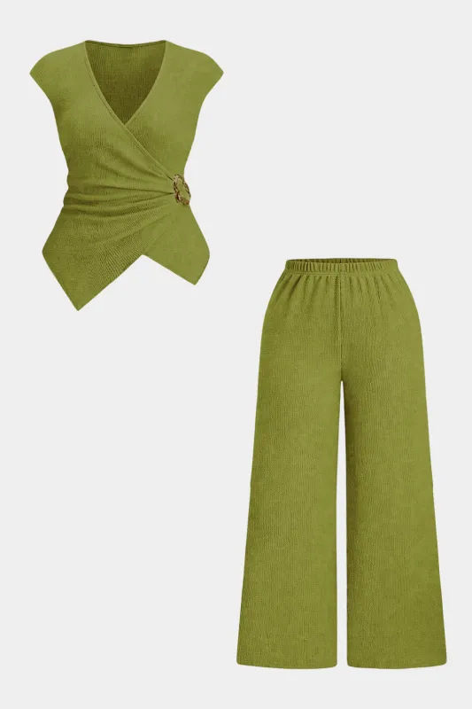 Plus Size V-Neck Wrap Tank Top And Wide Leg Pants Set sold by Micas
