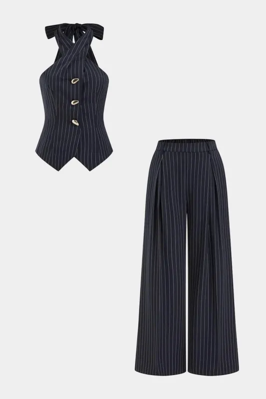 Striped Crossed Tie Back Metallic Button Tank Top And Wide Leg Pants made by Micas