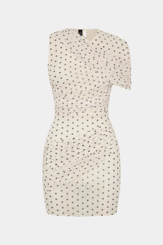 Polka Dots Print Mesh Asymmetrical Ruched Sleeveless Mini Dress made by Micas