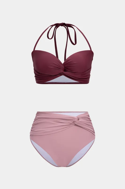 Contrast Halter Neck Backless Bikini Set sold by Micas