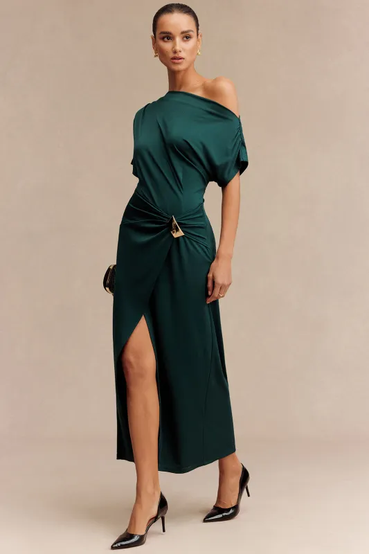 One Shoulder Metallic Ruched Slit Short Sleeve Midi Dress made by Micas