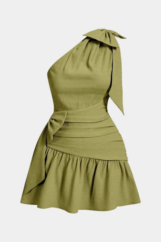 Plus Size One Shoulder Bow Ruched Sleeveless Mini Dress made by Micas