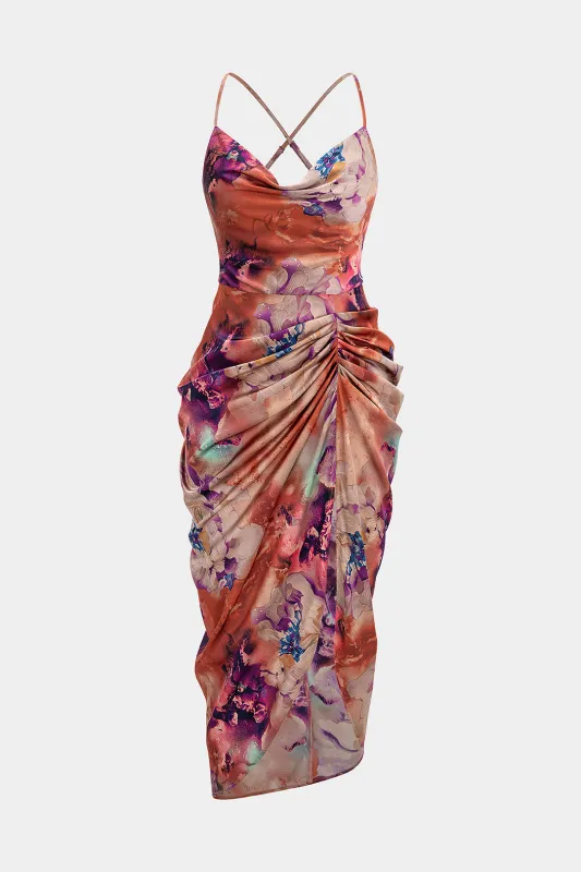 Floral Print Satin Draped Cowl Neck Asymmetrical Ruched Sleeveless Midi Dress made by Micas