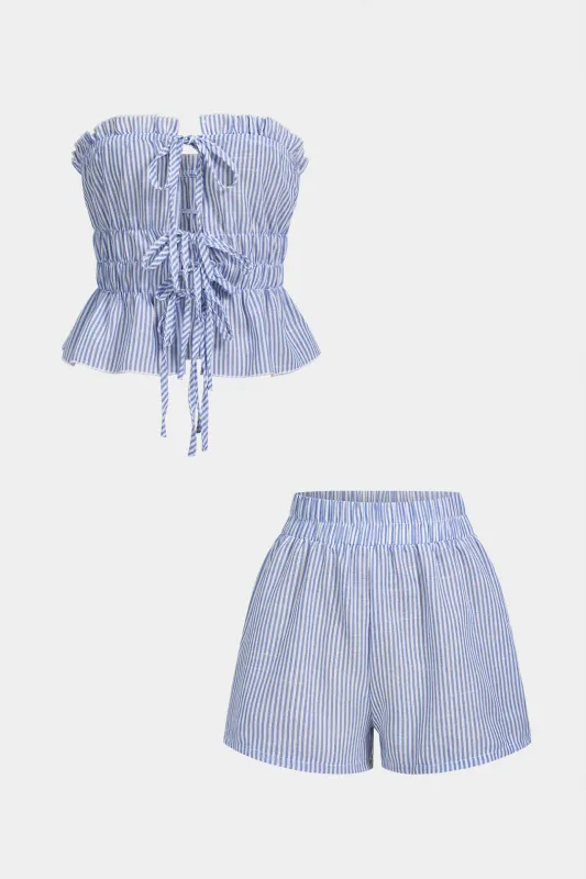 Stripes Print Ruffle Tie-Up Tube Top And Shirred Waistband Shorts Set made by Micas