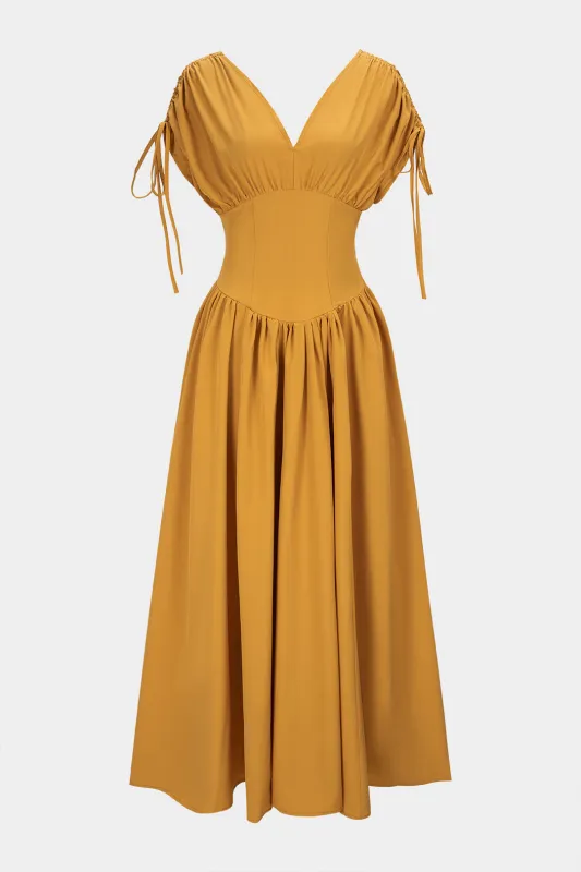 V-Neck Tie-Up Ruched Sleeveless Maxi Dress made by Micas