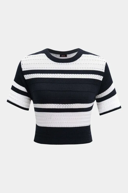Knit Contrast Striped Hollow Out Round Neck Short Sleeve Top made by Micas