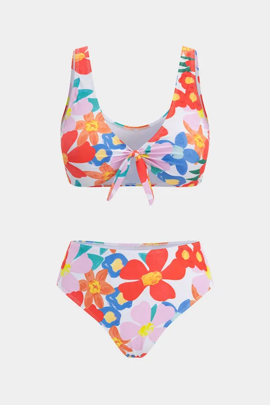 Plus Size Floral Print Tie Front Bikini Set made by Micas