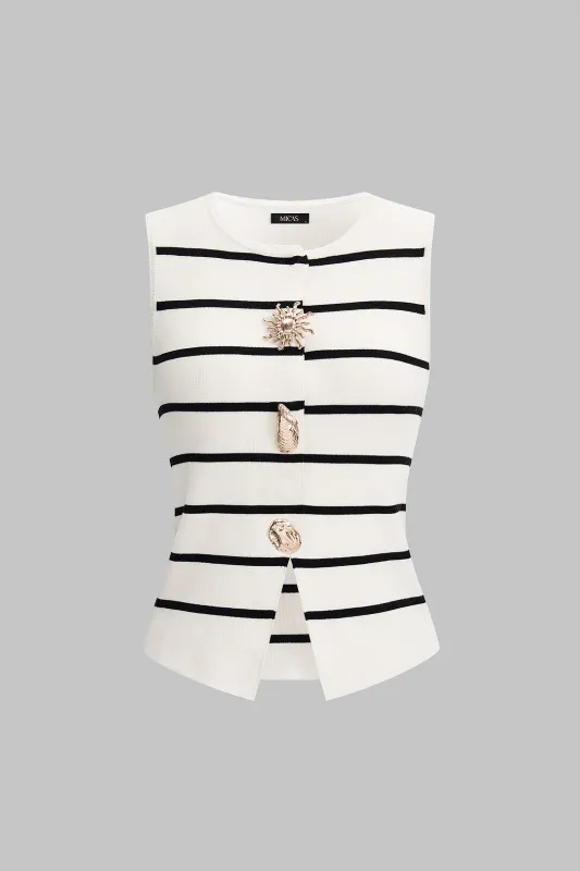 Knit Stripes Print Irregular Metallic Button Tank Top made by Micas