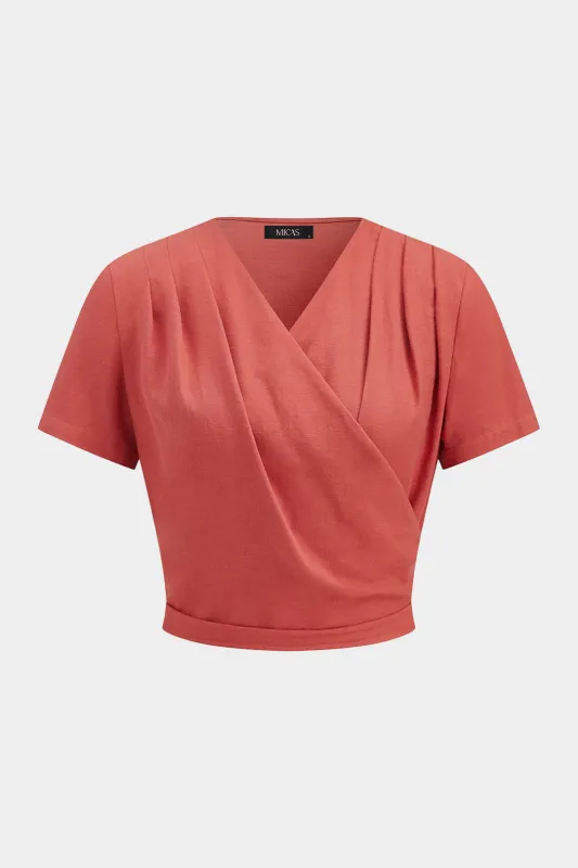 Solid V-Neck Wrap Short Sleeve Top made by Micas