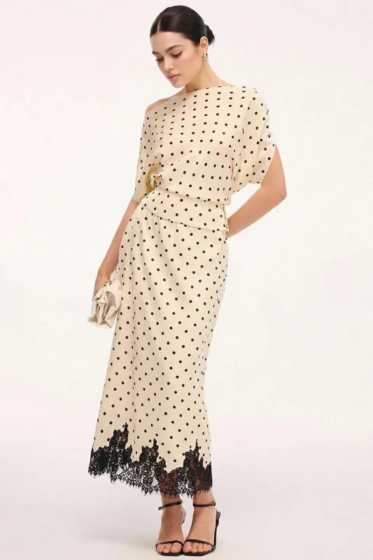 Polka Dots Print One Shoulder Top And Patchwork Lace Trim Skirt Set made by Micas
