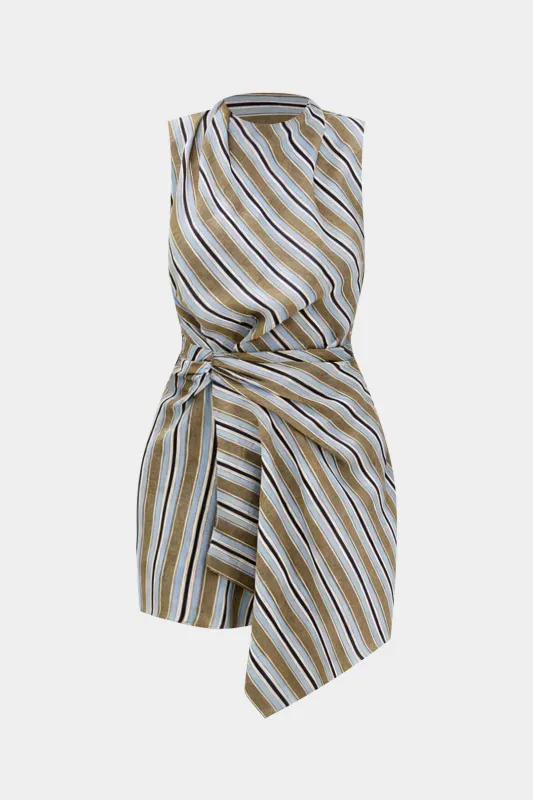 Stripes Print Round Neck Asymmetrical Ruched Sleeveless Mini Dress made by Micas