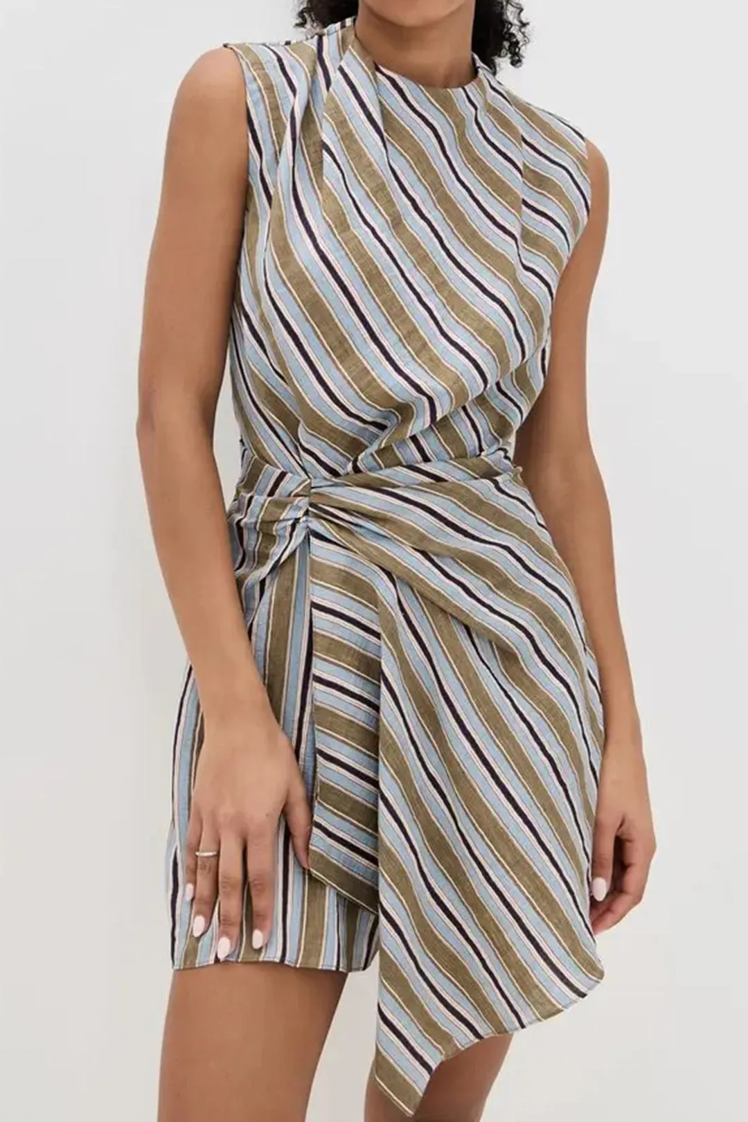 Stripes Print Round Neck Asymmetrical Ruched Sleeveless Mini Dress sold by Micas product image thumbnail 2