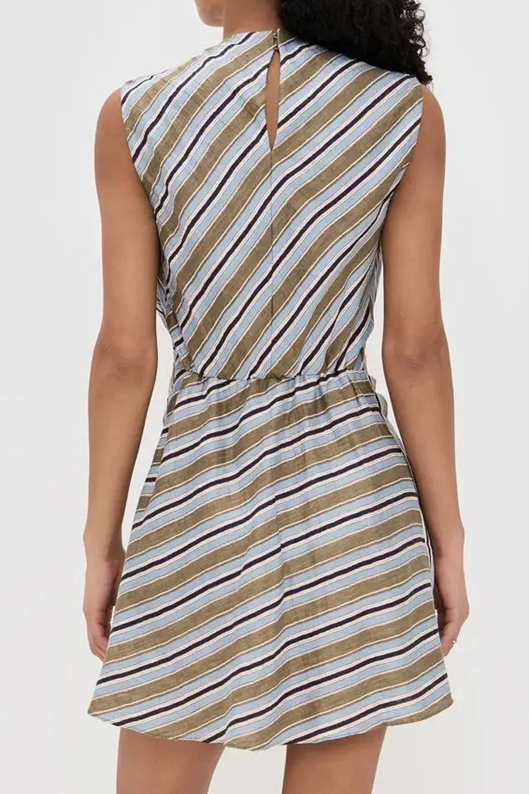 Stripes Print Round Neck Asymmetrical Ruched Sleeveless Mini Dress sold by Micas product image thumbnail 3