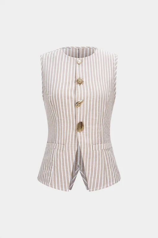 Striped Round Neck Metallic Button Tank Top made by Micas