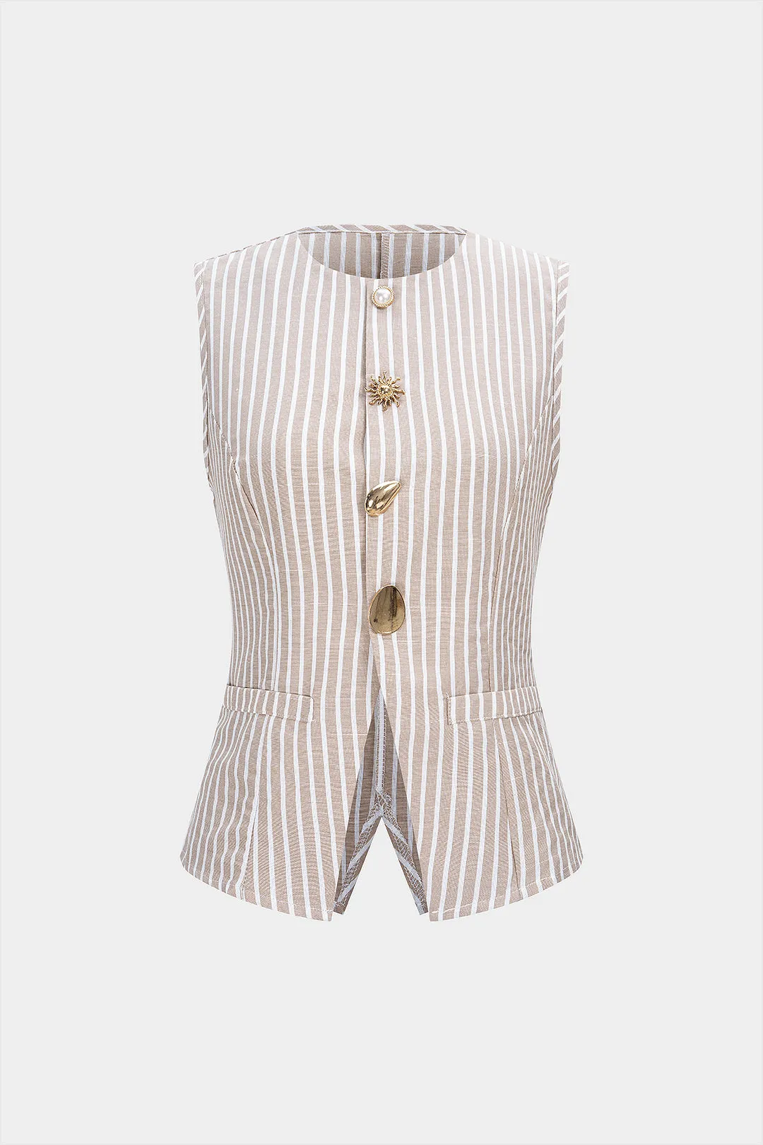 Striped Round Neck Metallic Button Tank Top sold by Micas