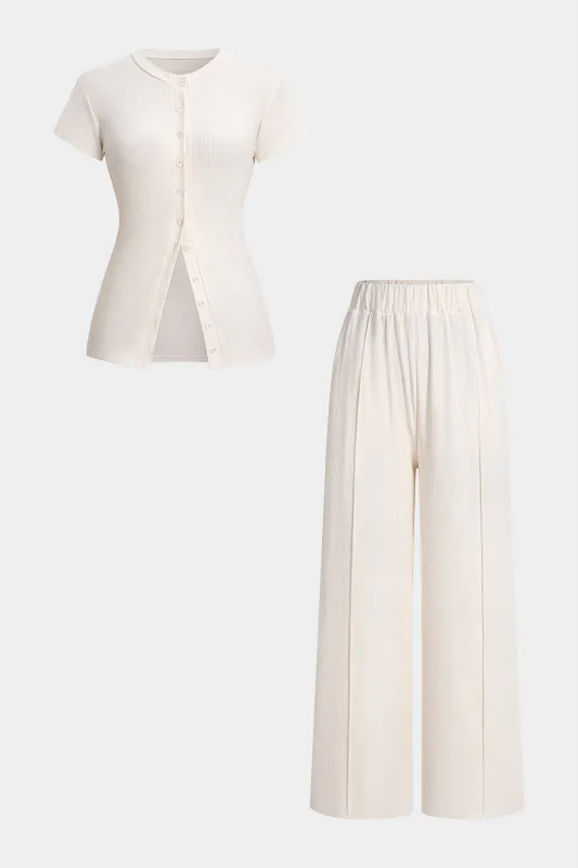 Solid Round Neck Button Short Sleeve Top And High Waist Pants Set made by Micas