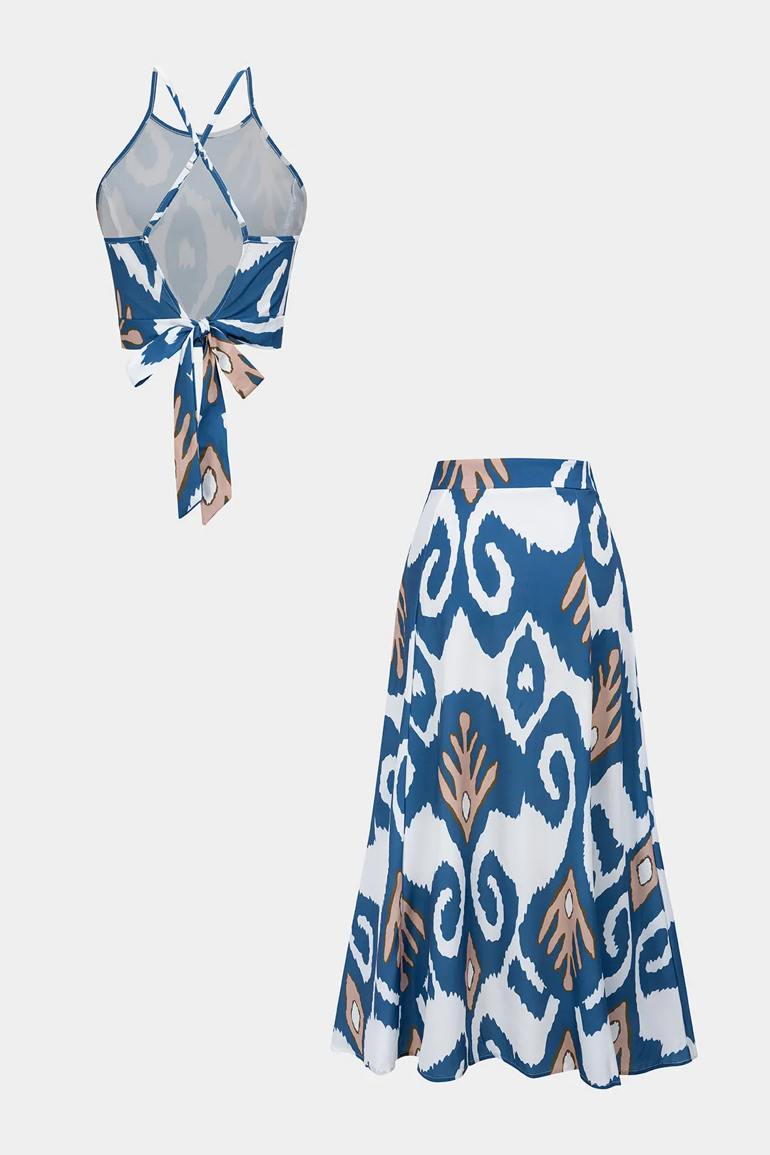 Abstract Print Satin Crossed Tie Back Cami Top And Skirt Set sold by Micas product image thumbnail 2