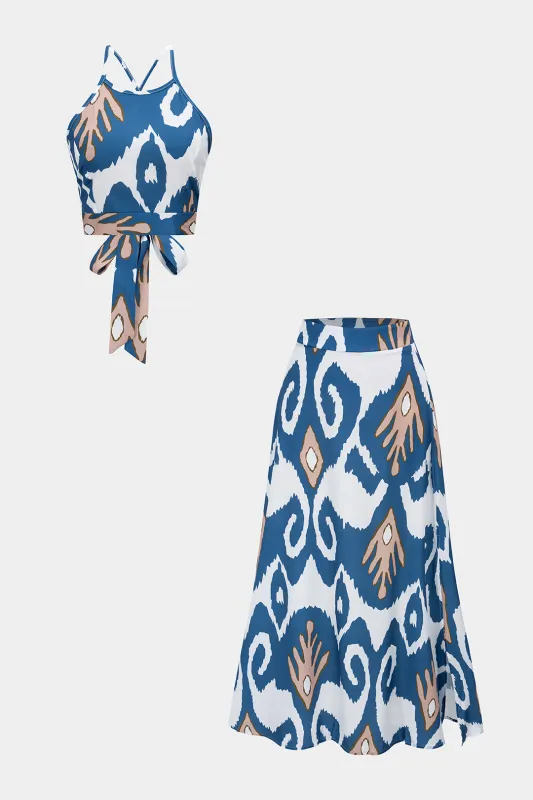 Abstract Print Satin Crossed Tie Back Cami Top And Skirt Set made by Micas