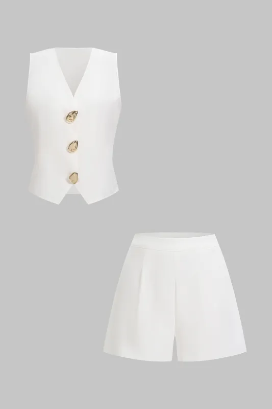 V-Neck Metallic Button Vest And Wide Leg Shorts Set made by Micas