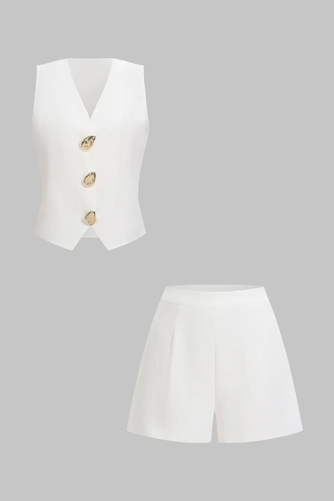 V-Neck Metallic Button Vest And Wide Leg Shorts Set sold by Micas