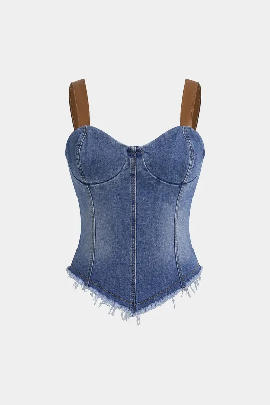 Denim Patchwork Faux Leather Frayed Tank Top made by Micas