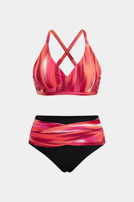 Plus Size Contrast Print V-Neck Crossed Backless Bikini Set made by Micas