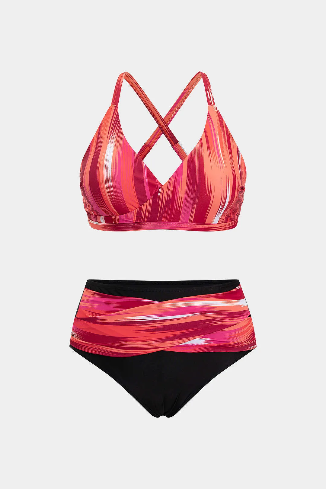 Plus Size Contrast Print V-Neck Crossed Backless Bikini Set sold by Micas