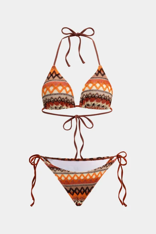 Stripes Print Halter Neck Tie-Up Bikini Set made by Micas