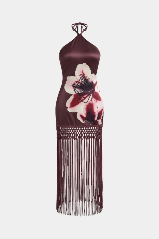 Floral Print Satin Fringe Sleeveless Mini Dress made by Micas