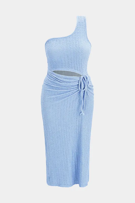 Plus Size One Shoulder Cut Out Drawstring Slit Midi Dress made by Micas