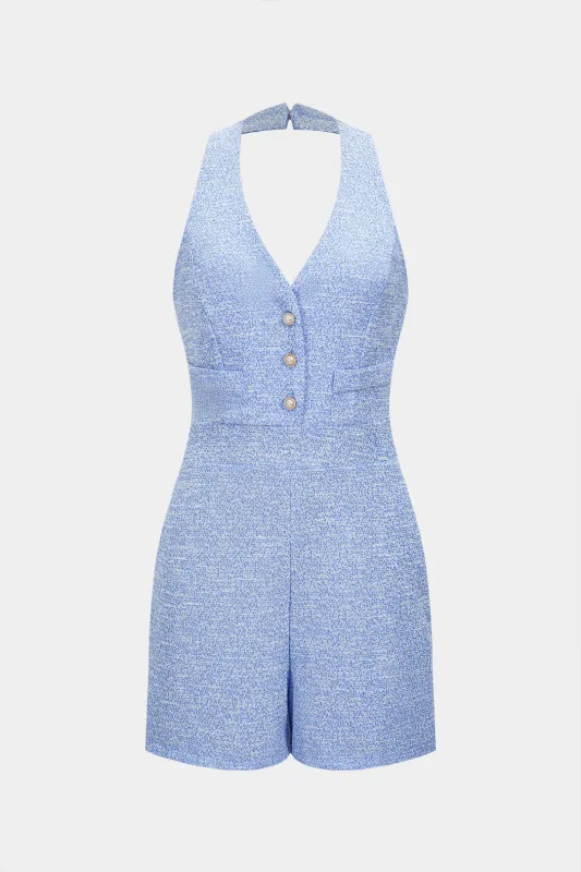 Halter V-Neck Button Sleeveless Romper made by Micas