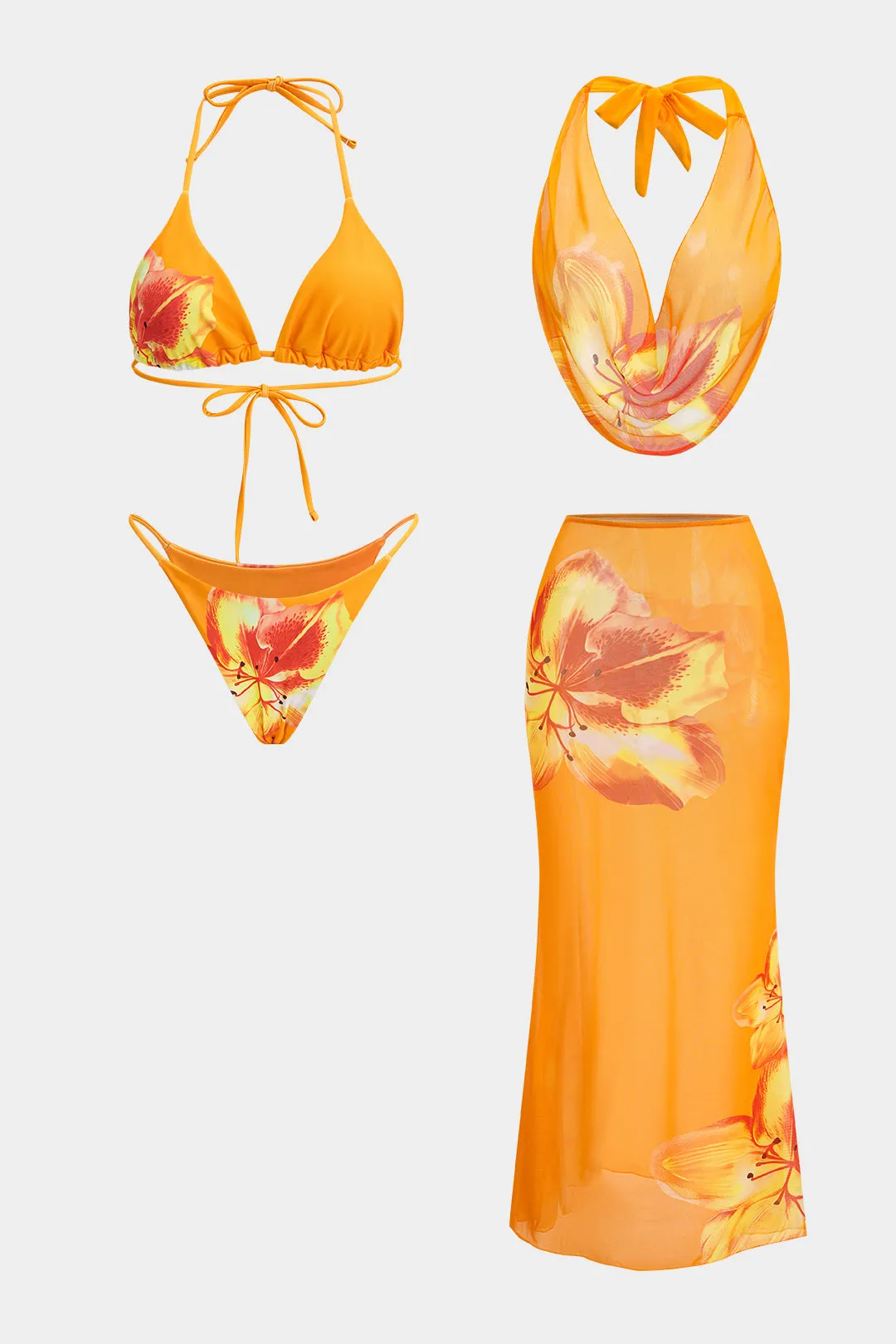Floral Print Mesh Tie-Up Bikini Set sold by Micas