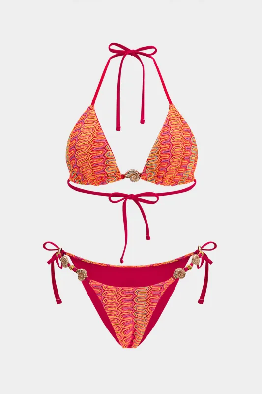 Geometric Print Metallic Tie-Up Bikini Set made by Micas