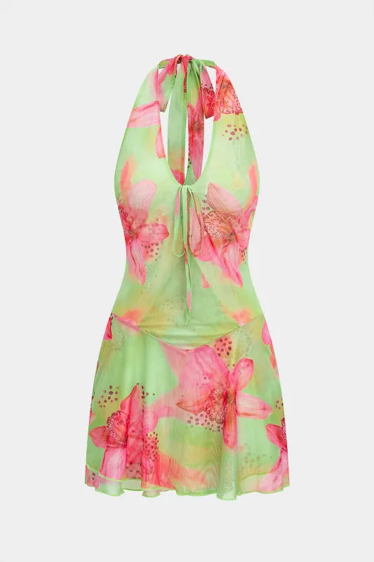 Floral Print Mesh Halter V-Neck Backless Tie-Up Sleeveless Mini Dress made by Micas