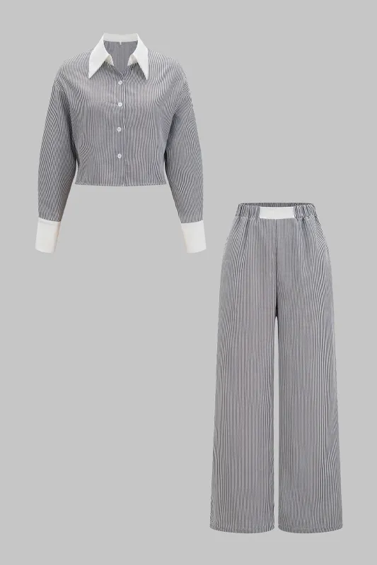 Contrast Striped Lapel Long Sleeve Shirt And Wide Leg Pants Set made by Micas