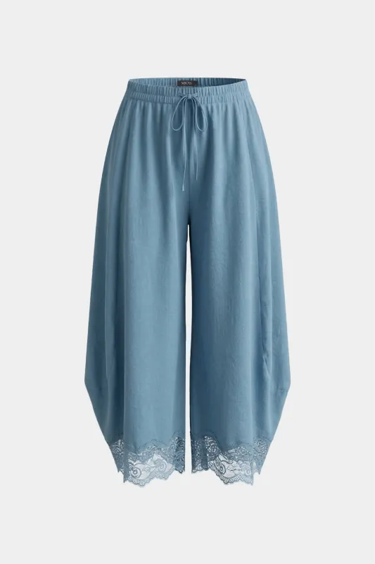 Patchwork Lace Trim Shirred Waistband Tie-Up Pants made by Micas