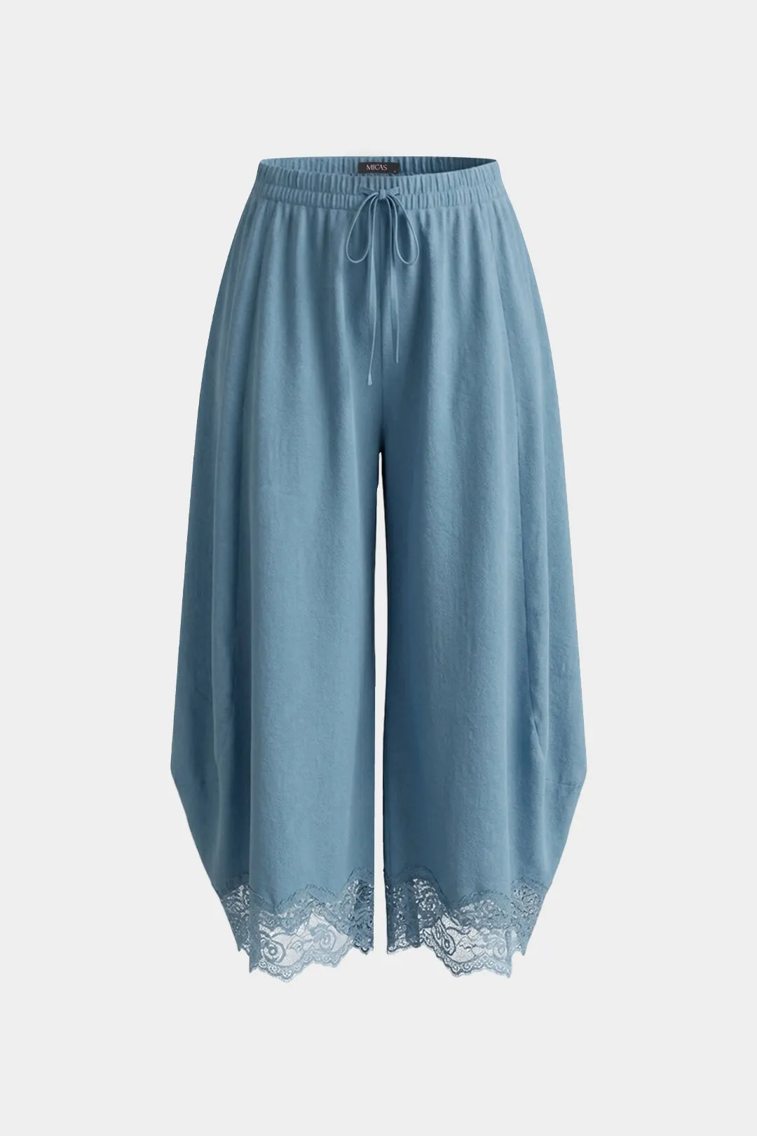 Patchwork Lace Trim Shirred Waistband Tie-Up Pants sold by Micas