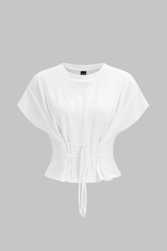 Round Neck Tie-Up Short Sleeve T-Shirt made by Micas