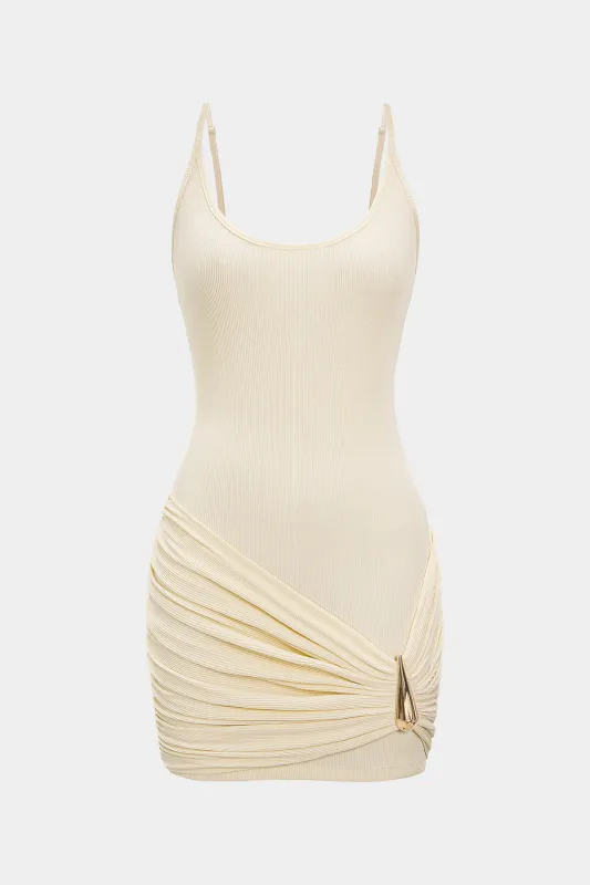 Round Neck Metallic Asymmetrical Ruched Sleeveless Mini Dress made by Micas