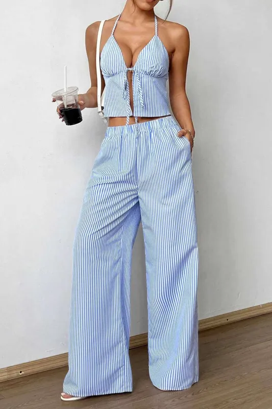 Stripes Print Halter Neck Tie-Up Cami Top And Wide Leg Pants Set made by Micas