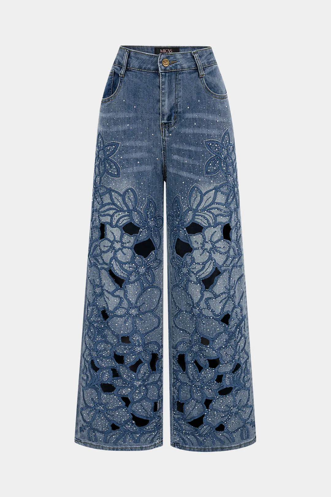 Denim Embroidery Rhinestone Cut Out Wide Leg Jeans sold by Micas product image thumbnail 5